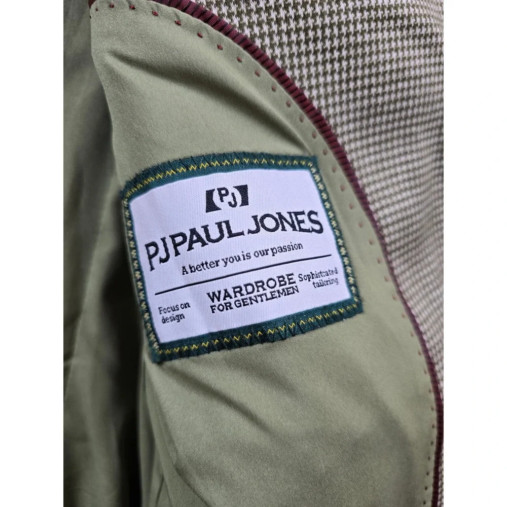 PJ Paul Jones Blazer Mens Large Olive Green Houndstooth Golf Sport Coat